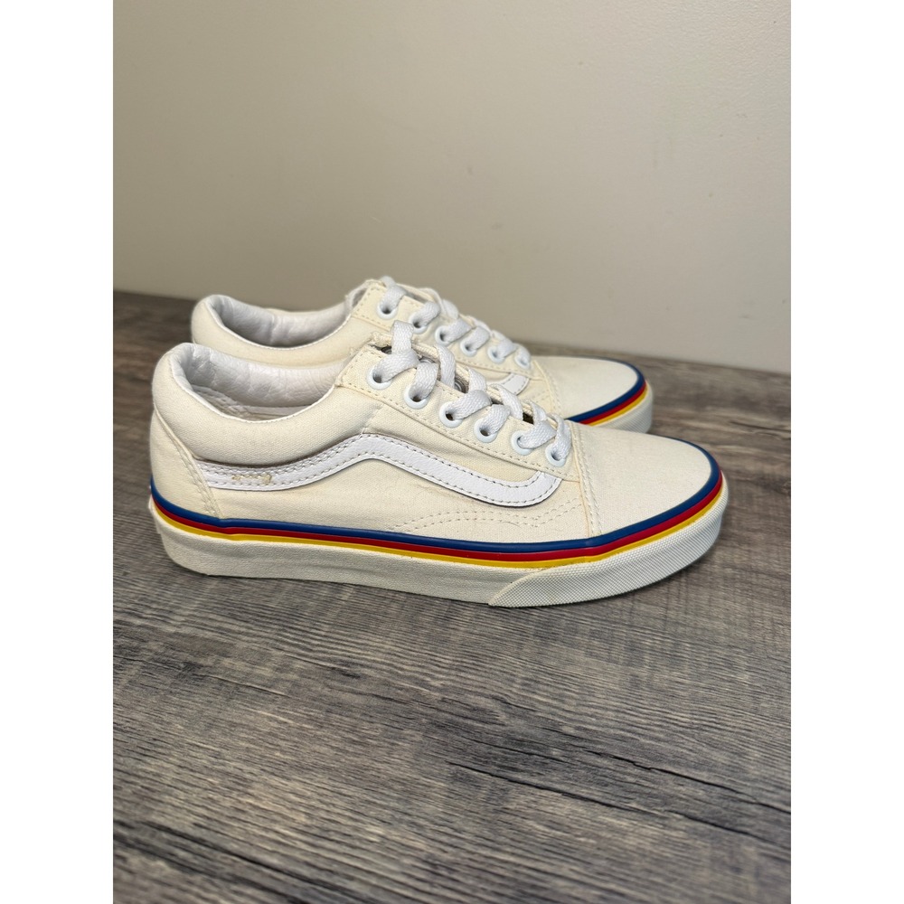 Vans Old Skool Cream Canvas Sneakers Primary Color Stripe Mens 4.5 Womens 6.0